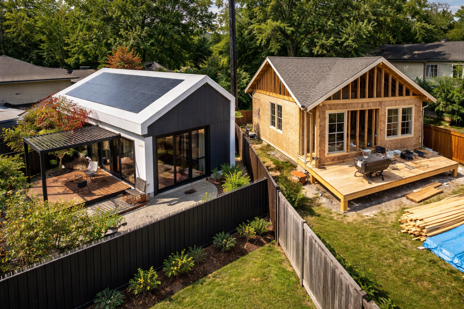 Modular vs. Traditional Builds Side-by-side comparison of a modular home and a traditional house under construction